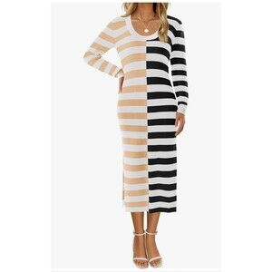 Wenrine Womens Fall Long Sweater Dress Long Sleeve Striped Maxi Sz Large